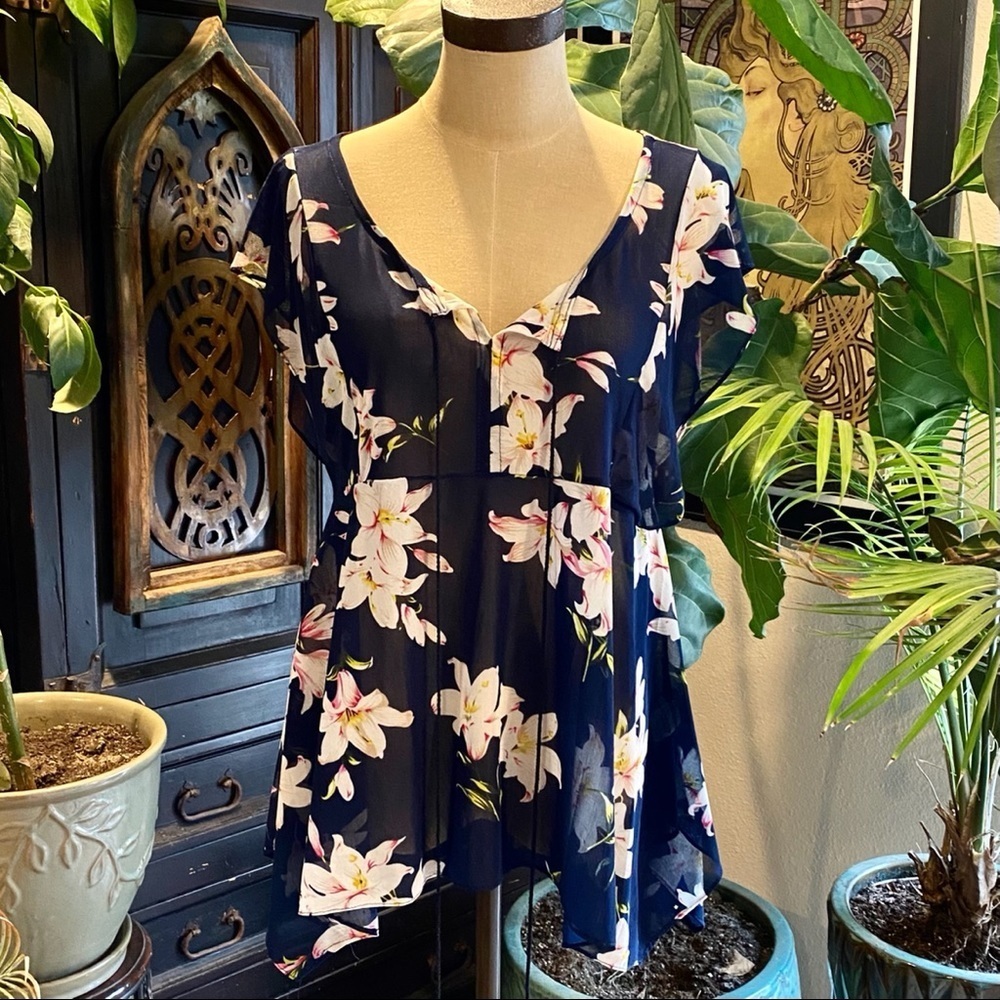 Anthropologie navy chiffon floral peasant top